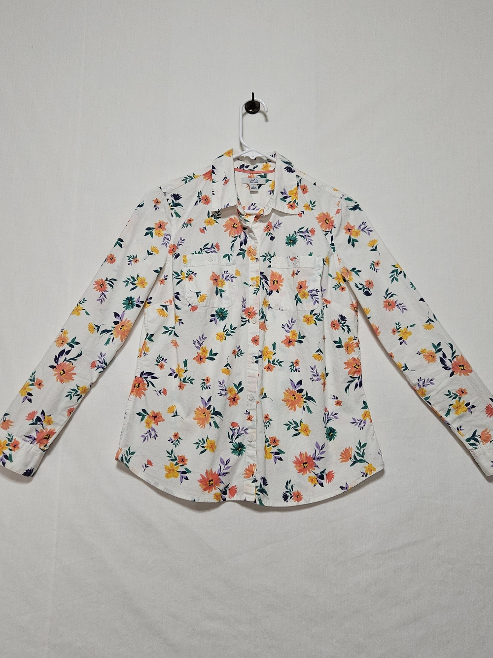 croft & barrow White Floral Button-Down Shirt with Peach & Green Print